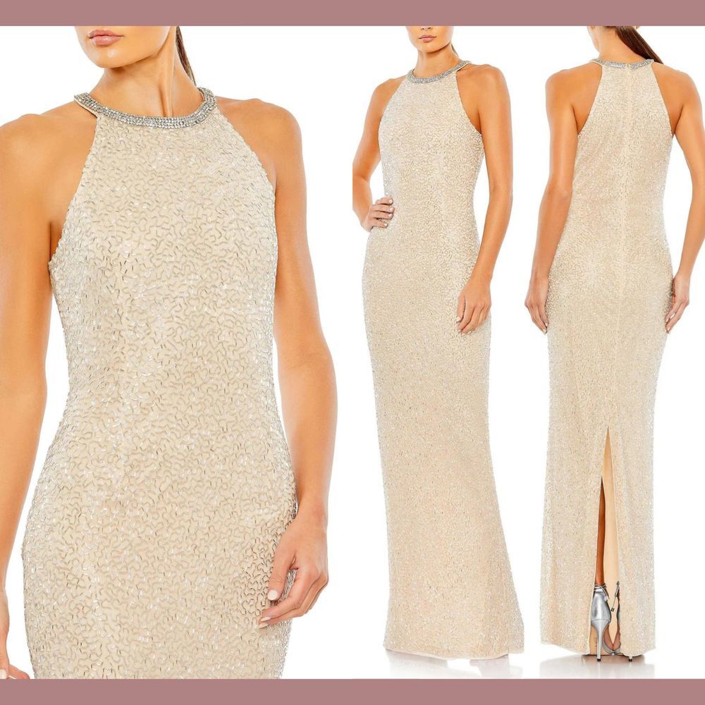 NEW Mac Duggal‎ [ 2 ] 93742 Beaded Sleeveless High Neck Column Gown Nude